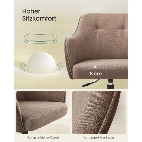 SONGMICS Homeoffice Stuhl, Drehstuhl, Schreibtischstuhl, höhenverstellbar, bis 110 kg belastbar, atmungsaktiver Stoff, für Arbeitszimmer, Schlafzimmer, braun OBG019K01