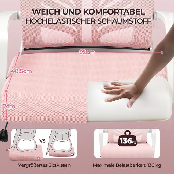 Yaheetech Bürostuhl Ergonomisch Schreibtischstuhl mit Schaukelfunktion Drehstuhl mit Gepolstertem Sitzkissen Chefsessel Höhenverstellbar fürs Arbeitszimmer/Büro, Hellrosa