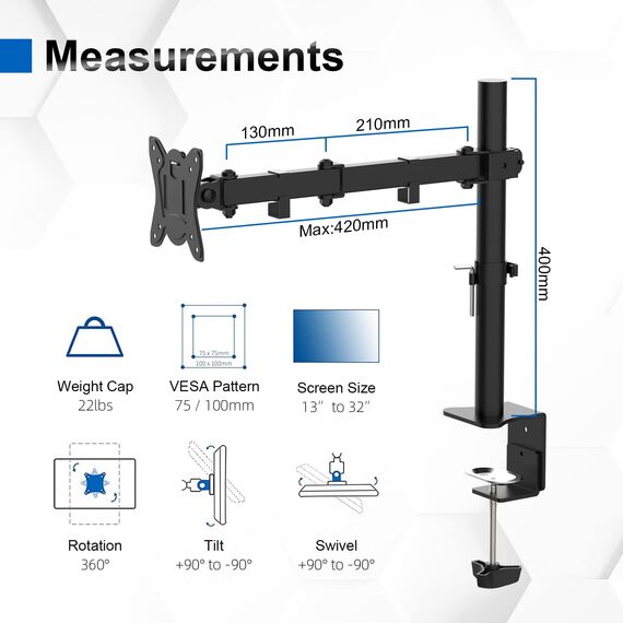 GRIFEMA Monitor Halterung, für 13-32 Zoll Bildschirm, Monitor Stand Monitor Arm Höhenverstellbar Drehungbar, Monitorhalterung Max 9Kg, Bildschirmhalterung Vesa 75x75 / 100x100, Schwarz, GB2001-1