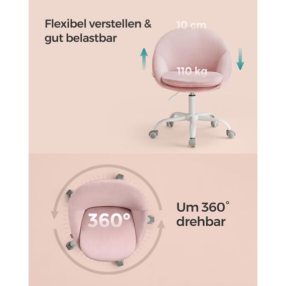 SONGMICS Homeoffice Stuhl, Schminkstuhl aus Samt, Schreibtischstuhl, Schaumstoffpolsterung, höhenverstellbar, für Arbeitszimmer, Schlafzimmer, pastellrosa OBG020R02