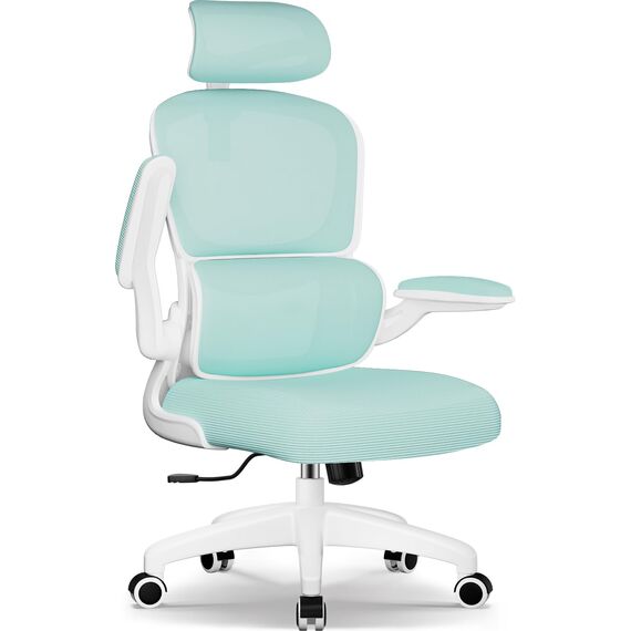 Aiidoits Bürostuhl mit Klappbaren Armlehnen, Lendenwirbelstütze und Höhenverstellbarer, Bürostuhl Ergonomisch 150 kg, Wippfunktion bis 135°, Blaugrün