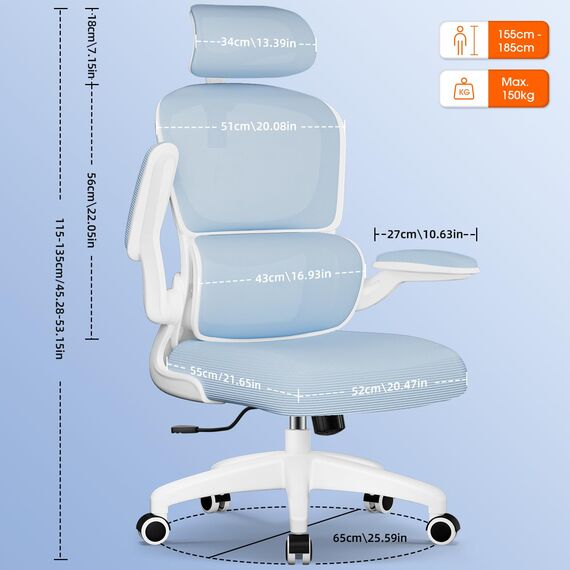 Aiidoits Bürostuhl, Ergonomischer Bürostuhl mit Klappbaren Armlehnen, Verstellbarer Kopfstütze und Lendenwirbelstütze, Wippfunktion bis 135°, Chefsessel 150 kg, Blau