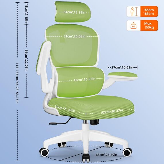 Aiidoits Bürostuhl, Bürostuhl Ergonomisch mit Lendenwirbelstütze, Klappbaren Armlehnen und Höhenverstellbarer, Wippfunktion bis 135°, Chefsessel 150 kg, Grün
