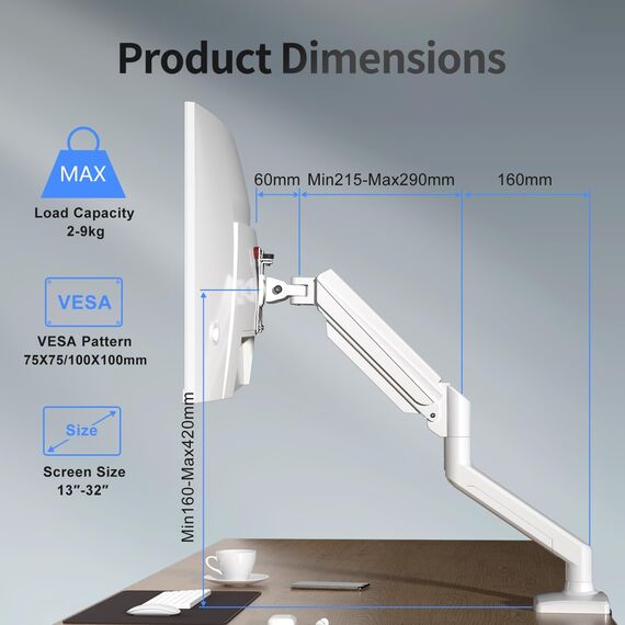suptek Monitor Halterung für 13-32 Zoll LED LCD Bildschirm bis zu 9 kg, Monitor Arm mit Gasfeder, 360° Drehbar Höhenverstellbar Schwenkbar Neigbar, Monitorhalterung VESA 75x75/100x100 mm, Weiß