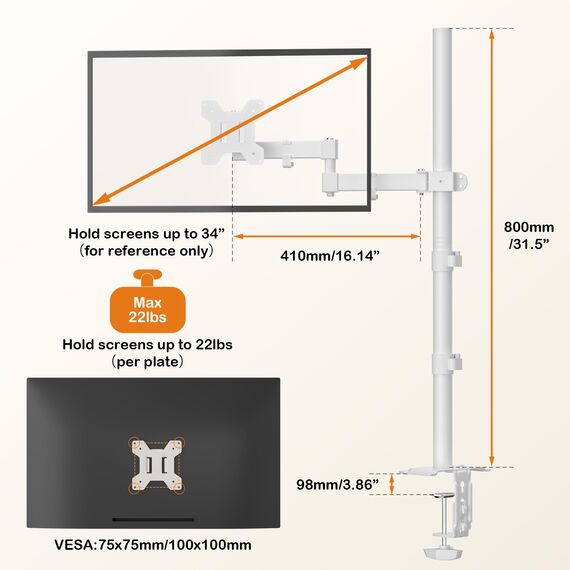 Bracwiser einzelnen Voll einstellbare Stehhöhe Monitorarm Standhalterung 800 mm hoch für Monitor Computerbildschirm 13 15 17 19 20 22 23 24 26 27 30 32 Zoll VESA 75 100,Weiß, MD7821W