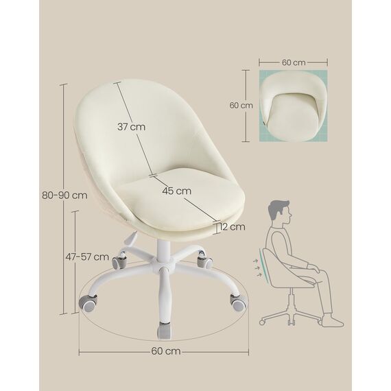 SONGMICS Homeoffice-Stuhl, Schminkstuhl mit Samt-Vorderseite, Schreibtischstuhl, Schaumstoffpolsterung, höhenverstellbar, für Arbeitszimmer, Schlafzimmer, cremeweiß OBG020WD01