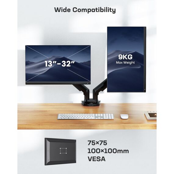 HUANUO Monitor Halterung 2 Monitore für 13 bis 32 Zoll Bildschirme, Bildschirmhalterung 2 Monitor, Gaming Monitorhalterung 2 Monitore - 360° Drehbar, 2 Montageoptionen, VESA 75 & 100 (Schwarz)