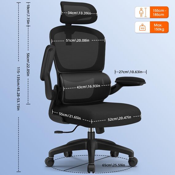 Aiidoits Bürostuhl, Bürostuhl Ergonomisch mit Verstellbarer Kopfstütze, Lendenwirbelstütze und Klappbaren Armlehnen, Chefsessel150 kg, Ergonomischer Stuhl Wippfunktion bis 135°