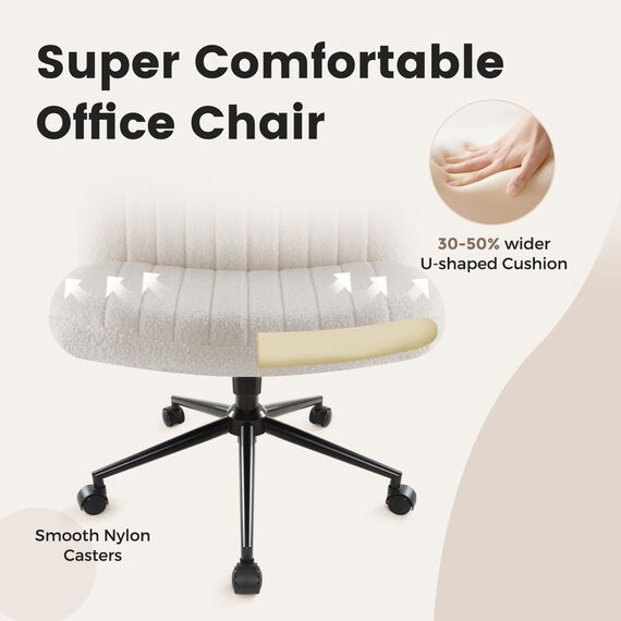 IWMH Bürostuhl ohne Armlehnen,Höhenverstellbar Drehstuhl mit Rollen,Schreibtischstuhl mit Teddy Stoff polsterung,Lesesessel mit breiterem Kissen zum Sitzen im Schneidersitz (Weiß mit Rollen)
