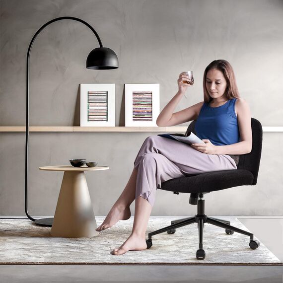 IWMH Bürostuhl ohne Armlehnen,Höhenverstellbar Drehstuhl mit Rollen,Schreibtischstuhl mit Teddy Stoff polsterung,Lesesessel mit breiterem Kissen zum Sitzen im Schneidersitz (Schwarz mit Rollen)