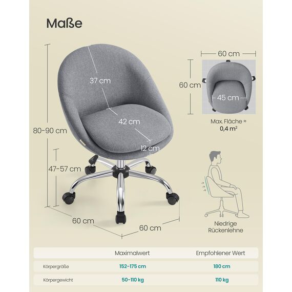 SONGMICS Homeoffice-Stuhl, Schminkstuhl aus Baumwoll-Leinen-Mischgewebe, Schreibtischstuhl, Schaumstoffpolsterung, höhenverstellbar, für Arbeitszimmer, Schlafzimmer, schiefergrau OBG020G05