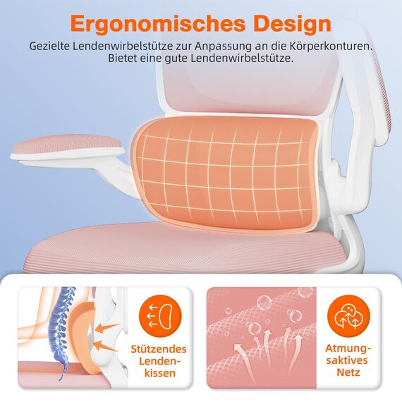 Aiidoits Bürostuhl, Ergonomischer Bürostuhl mit Verstellbarer Kopfstütze, Klappbaren Armlehnen und Lendenwirbelstütze, Wippfunktion bis 135°, Rosa