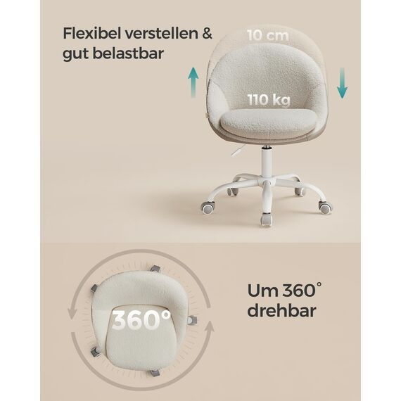 SONGMICS Homeoffice Stuhl, Schminkstuhl aus Sherpa, Schreibtischstuhl, Schaumstoffpolsterung, höhenverstellbar, für Arbeitszimmer, Schlafzimmer, cappuccinobeige-wolkenweiß OBG020W01