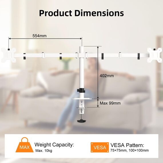 Pholiten Monitor Halterung für 13-42 Zoll LED LCD Bildschirm bis zu 10 kg, Monitor Arm für 2 Monitore, Höhenverstellbar Schwenkbar Neigbar Monitorhalterung, max.VESA 100x100mm, Weiß, MD97442LW