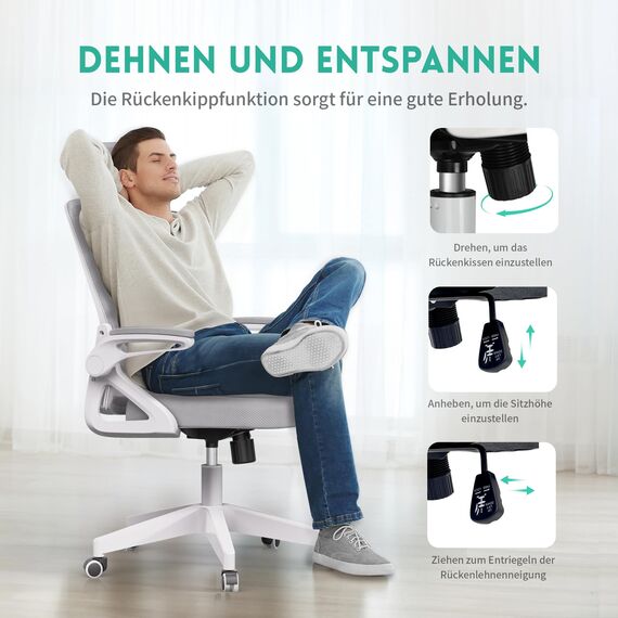 Tweakio Bürostuhl Ergonomisch, S-förmiger Schreibtischstuhl mit Verstellbaren Armlehnen, Ergonomischer Bürostuhl, Office Chair 90°Flip-Up Armlehne, Extra Breites Kissen Büro Stuhl & Gaming Stuhl