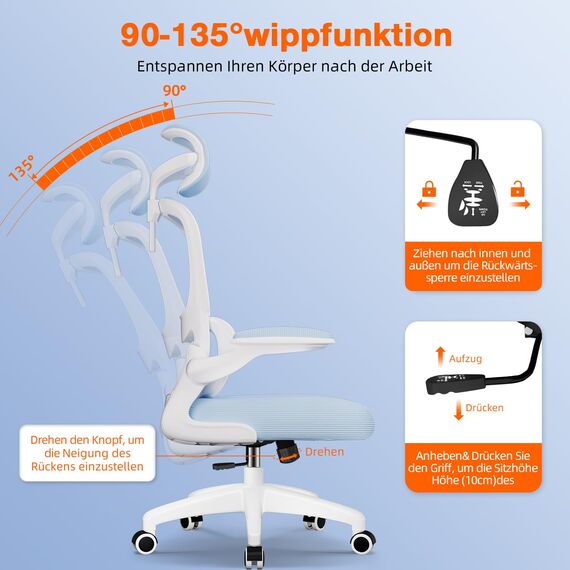 Aiidoits Bürostuhl, Ergonomischer Bürostuhl mit Klappbaren Armlehnen, Verstellbarer Kopfstütze und Lendenwirbelstütze, Wippfunktion bis 135°, Chefsessel 150 kg, Blau
