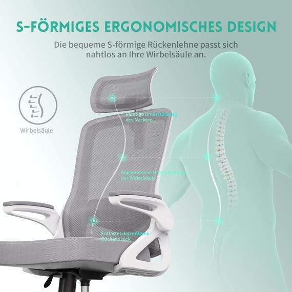 Tweakio Bürostuhl Ergonomisch, S-förmiger Schreibtischstuhl mit Verstellbaren Armlehnen, Ergonomischer Bürostuhl, Office Chair 90°Flip-Up Armlehne, Extra Breites Kissen Büro Stuhl & Gaming Stuhl