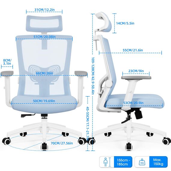 Daccormax Bürostuhl Ergonomischer Bürostuhl mit Verstellbarer Kopfstütze Lendenwirbelstütze Armlehnen Wippfunktion Bürostuhl Bürostuhl Bürostuhl 150 kg