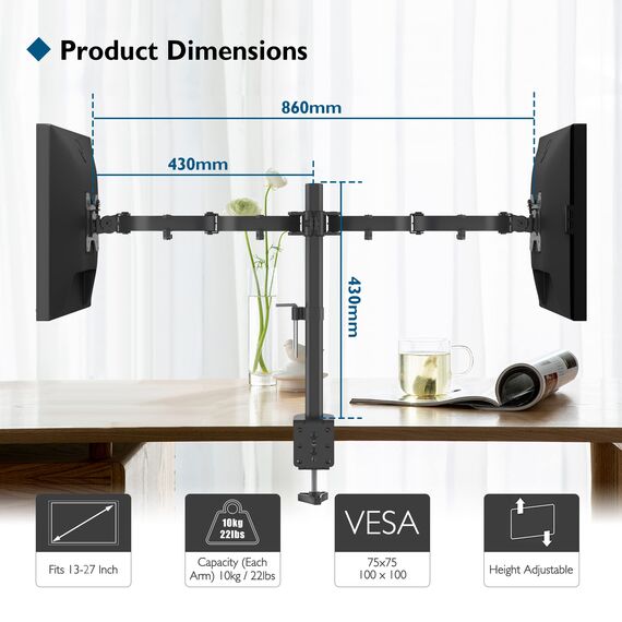 BONTEC Monitor Halterung 2 Monitore für 13-27 Zoll Flach & Curved Bildschirm, Monitor Tischhalterung Höhenverstellbar Neigbar Schwenkbar Drehungbar, 10 kg pro Arm, VESA 75x75 / 100x100, Schwarz