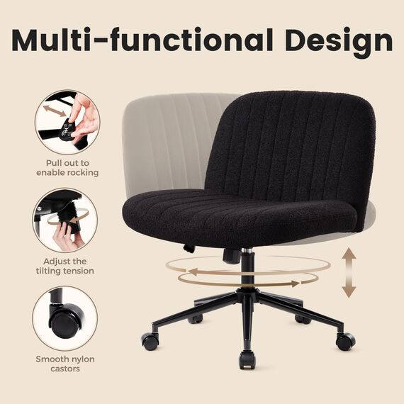 IWMH Bürostuhl ohne Armlehnen,Höhenverstellbar Drehstuhl mit Rollen,Schreibtischstuhl mit Teddy Stoff polsterung,Lesesessel mit breiterem Kissen zum Sitzen im Schneidersitz (Schwarz mit Rollen)
