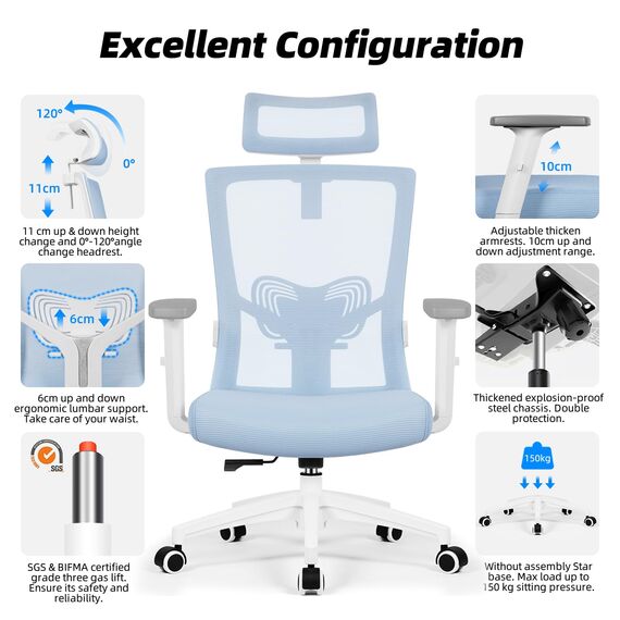 Daccormax Bürostuhl Ergonomischer Bürostuhl mit Verstellbarer Kopfstütze Lendenwirbelstütze Armlehnen Wippfunktion Bürostuhl Bürostuhl Bürostuhl 150 kg