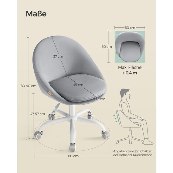 SONGMICS Homeoffice Stuhl, Schminkstuhl aus Samt, Schreibtischstuhl, Schaumstoffpolsterung, höhenverstellbar, für Arbeitszimmer, Schlafzimmer, Taubengrau OBG020G04