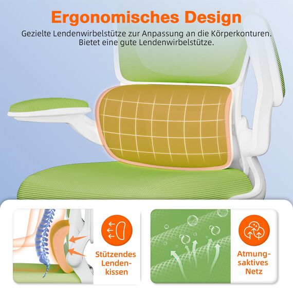 Aiidoits Bürostuhl, Bürostuhl Ergonomisch mit Lendenwirbelstütze, Klappbaren Armlehnen und Höhenverstellbarer, Wippfunktion bis 135°, Chefsessel 150 kg, Grün