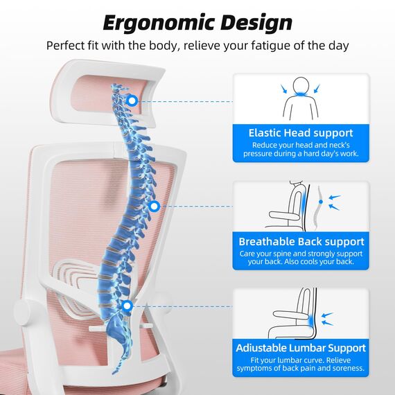 Daccormax Bürostuhl, ergonomisch mit Kopfstütze, Lendenwirbelstütze und Armlehnen, drehergonomischer Schreibtischstuhl, Wippfunktion, Chefsessel, Rückenschonend, 150kg