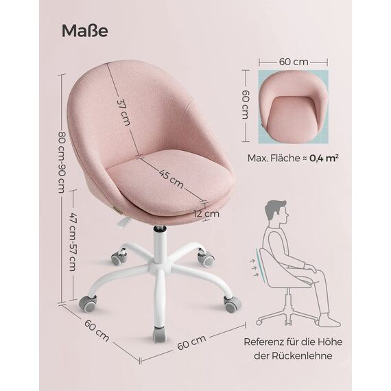 SONGMICS Homeoffice Stuhl, Schminkstuhl aus Baumwoll-Leinen-Mischgewebe, Schreibtischstuhl, Schaumstoffpolsterung, höhenverstellbar, für Arbeitszimmer, Schlafzimmer, pastellrosa OBG020P01