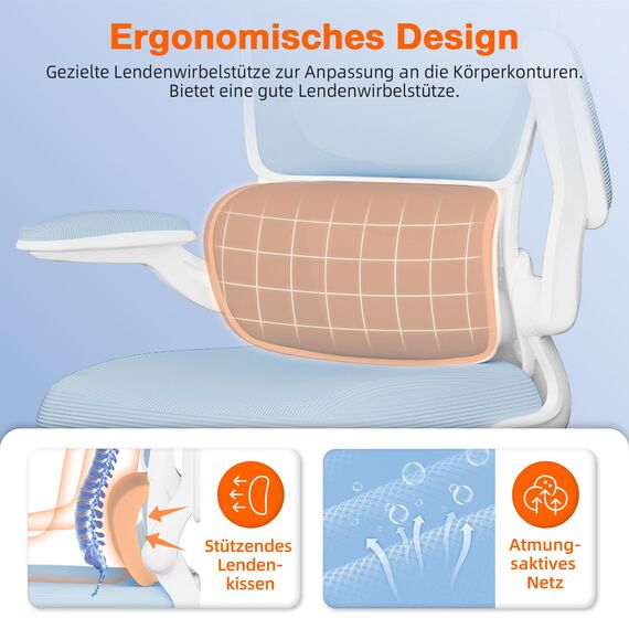 Aiidoits Bürostuhl, Ergonomischer Bürostuhl mit Klappbaren Armlehnen, Verstellbarer Kopfstütze und Lendenwirbelstütze, Wippfunktion bis 135°, Chefsessel 150 kg, Blau