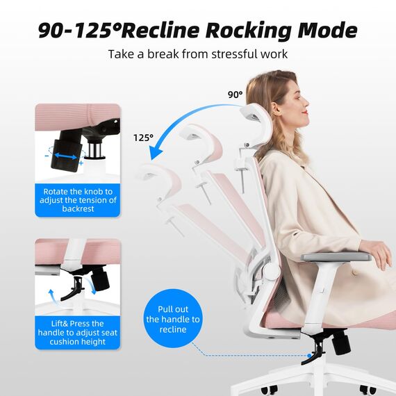 Daccormax Bürostuhl, ergonomisch mit Kopfstütze, Lendenwirbelstütze und Armlehnen, drehergonomischer Schreibtischstuhl, Wippfunktion, Chefsessel, Rückenschonend, 150kg