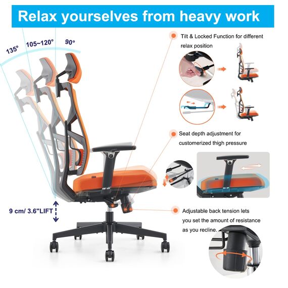 HOLLUDLE Ergonomischer Bürostuhl mit Adaptiver Rückenlehne, Schreibtischstuhl mit 4D Armlehnen, Verstellbarer Sitztiefe, Lendenwirbelstütze und 2D Kopfstütze, Atmungsaktiver Netz-Chefsessel, Orange