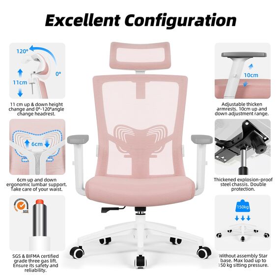 Daccormax Bürostuhl, ergonomisch mit Kopfstütze, Lendenwirbelstütze und Armlehnen, drehergonomischer Schreibtischstuhl, Wippfunktion, Chefsessel, Rückenschonend, 150kg