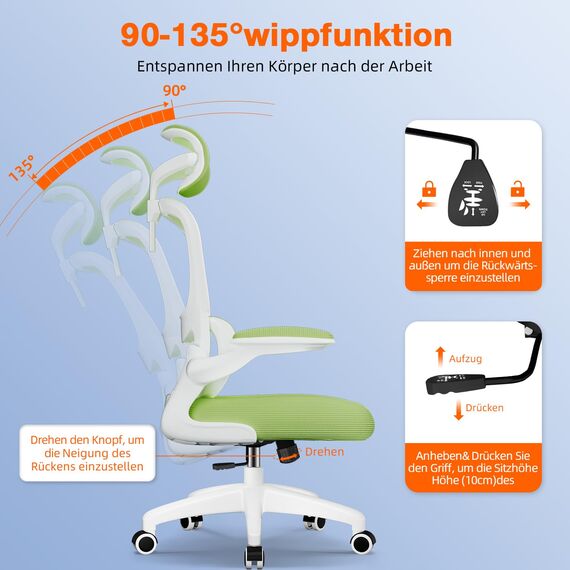 Aiidoits Bürostuhl, Bürostuhl Ergonomisch mit Lendenwirbelstütze, Klappbaren Armlehnen und Höhenverstellbarer, Wippfunktion bis 135°, Chefsessel 150 kg, Grün