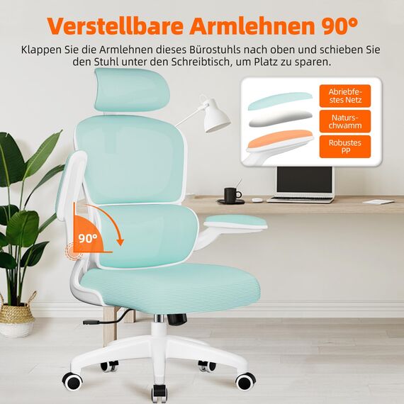 Aiidoits Bürostuhl mit Klappbaren Armlehnen, Lendenwirbelstütze und Höhenverstellbarer, Bürostuhl Ergonomisch 150 kg, Wippfunktion bis 135°, Blaugrün