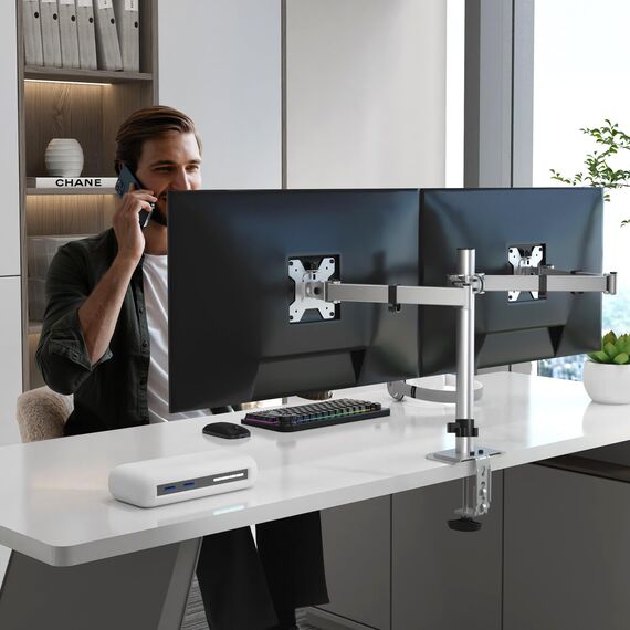 Pholiten Monitor Halterung für 13-38 Zoll LED Bildschirm bis zu 10 kg, Monitor Arm für 2 Monitore, Höhenverstellbar Schwenkbar Neigbar Monitorhalterung, max.VESA 100x100mm, Silber, MD97442MS