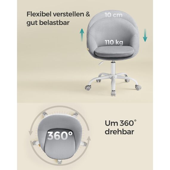 SONGMICS Homeoffice Stuhl, Schminkstuhl aus Samt, Schreibtischstuhl, Schaumstoffpolsterung, höhenverstellbar, für Arbeitszimmer, Schlafzimmer, Taubengrau OBG020G04