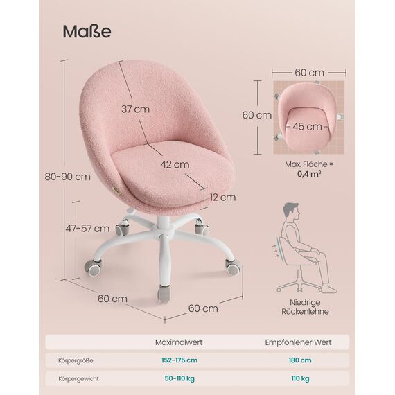 SONGMICS Homeoffice-Stuhl, Schminkstuhl aus Fleece, Schreibtischstuhl, Schaumstoffpolsterung, höhenverstellbar, für Arbeitszimmer, Schlafzimmer, pastellrosa OBG020R03