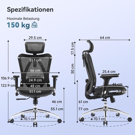 SIHOO M57 Ergonomischer Bürostuhl, Chefsessel mit 3D verstellbare Armlehne und Lendenwirbelstütze, Hautfreundliche Netz-Hochlehne, Schreibtischstuhl bis 150kg/330LB Belastbar(schwarz)