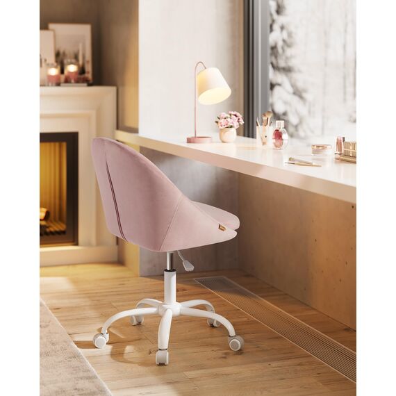 SONGMICS Homeoffice Stuhl, Schminkstuhl aus Samt, Schreibtischstuhl, Schaumstoffpolsterung, höhenverstellbar, für Arbeitszimmer, Schlafzimmer, pastellrosa OBG020R02