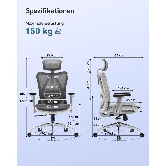 SIHOO M57 Ergonomischer Bürostuhl mit 3-Wege-Armlehnen, Lendenwirbelstütze und Verstellbarer Kopfstütze Hohe Rückenlehne Neigungsfunktion
