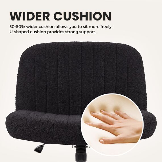 IWMH Bürostuhl ohne Armlehnen,Höhenverstellbar Drehstuhl mit Rollen,Schreibtischstuhl mit Teddy Stoff polsterung,Lesesessel mit breiterem Kissen zum Sitzen im Schneidersitz (Schwarz mit Rollen)