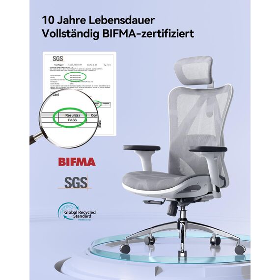 SIHOO M57 Ergonomischer Bürostuhl mit 3-Wege-Armlehnen, Lendenwirbelstütze und Verstellbarer Kopfstütze Hohe Rückenlehne Neigungsfunktion