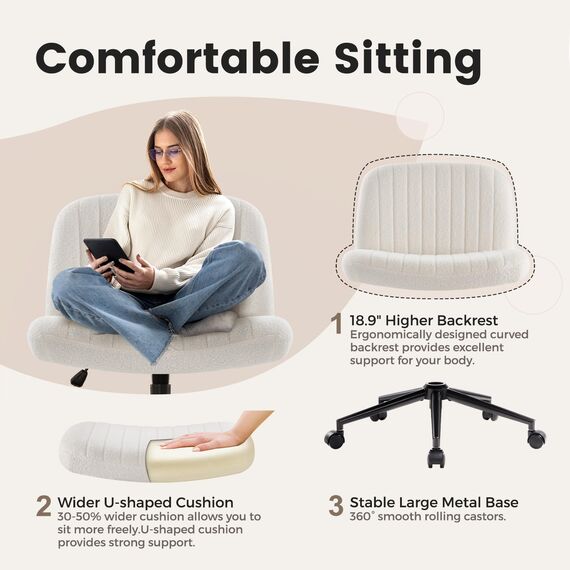 IWMH Bürostuhl ohne Armlehnen,Höhenverstellbar Drehstuhl mit Rollen,Schreibtischstuhl mit Teddy Stoff polsterung,Lesesessel mit breiterem Kissen zum Sitzen im Schneidersitz (Weiß mit Rollen)