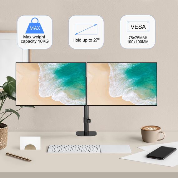 Pholiten Monitor Halterung für 13-27 Zoll LED LCD Bildschirm bis zu 10 kg, Monitor Arm für 2 Monitore, Höhenverstellbar Schwenkbar Neigbar Monitorhalterung für den Schreibtisch, max.VESA 100x100mm