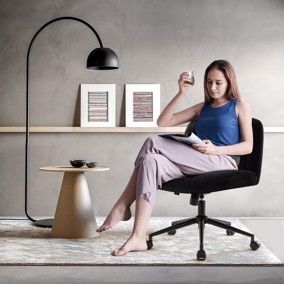 IWMH Bürostuhl ohne Armlehnen,Höhenverstellbar Drehstuhl mit Rollen,Schreibtischstuhl mit Stoffpolsterung,Lesesessel mit breiterem Kissen zum Sitzen im Schneidersitz (Schwarz mit Rollen)