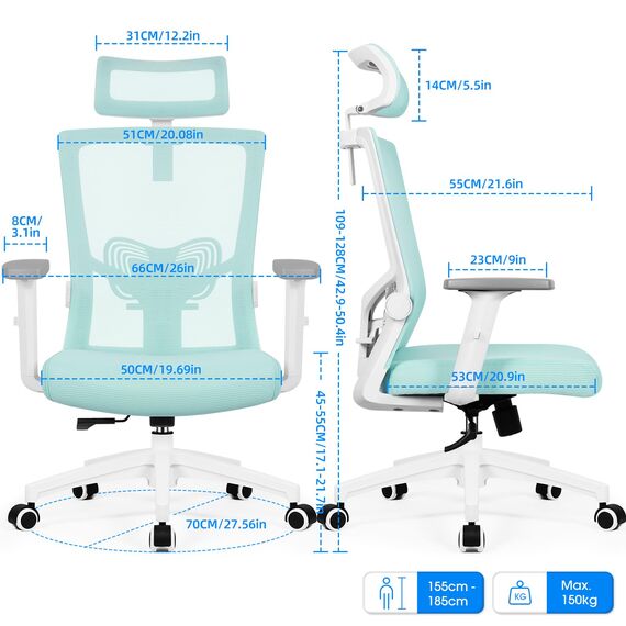 Daccormax Bürostuhl Ergonomisch, Schreibtischstuhl mit Verstellbarer Kopfstütze, Armlehnen, Lendenwirbelstütze, Drehstuhl Wippfunktion, Chefsessel aus Mesh,Rückenschonend, Bürostuhl 150kg