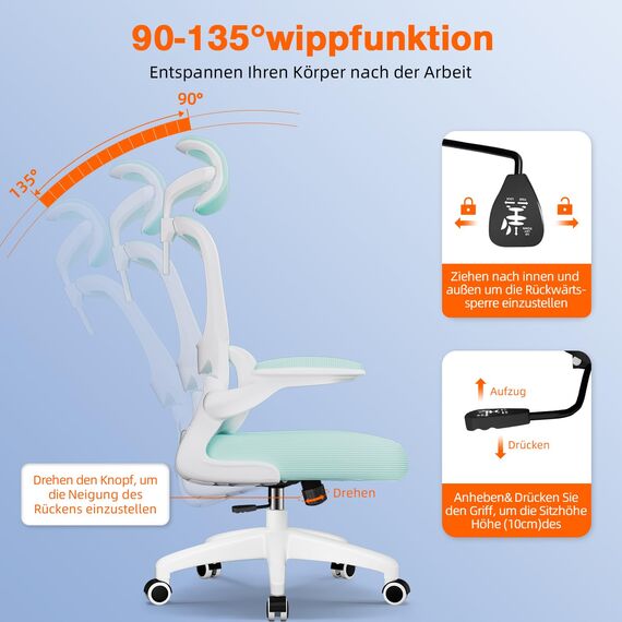 Aiidoits Bürostuhl mit Klappbaren Armlehnen, Lendenwirbelstütze und Höhenverstellbarer, Bürostuhl Ergonomisch 150 kg, Wippfunktion bis 135°, Blaugrün