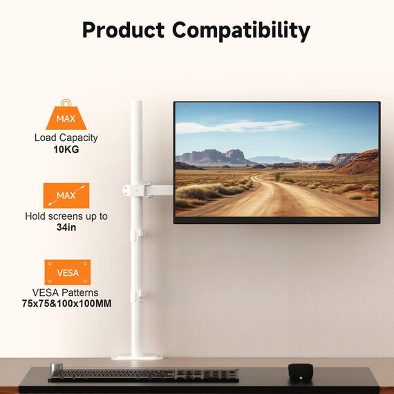 Bracwiser einzelnen Voll einstellbare Stehhöhe Monitorarm Standhalterung 800 mm hoch für Monitor Computerbildschirm 13 15 17 19 20 22 23 24 26 27 30 32 Zoll VESA 75 100,Weiß, MD7821W