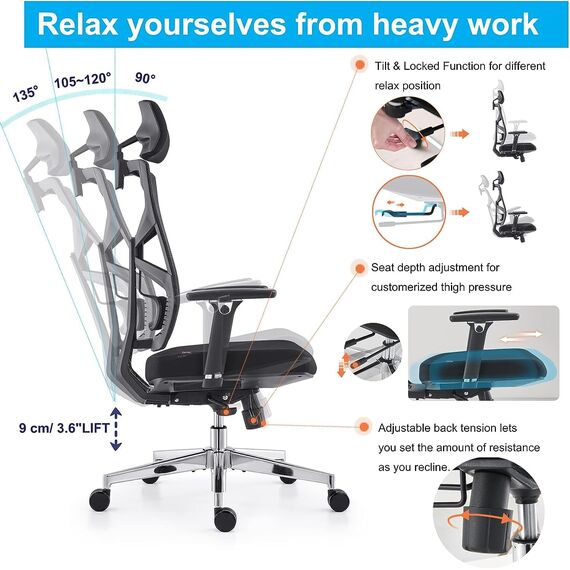 HOLLUDLE Ergonomischer Bürostuhl mit Adaptiver Rückenlehne, Schreibtischstuhl mit 4D Armlehnen, Verstellbarer Sitztiefe, Lendenwirbelstütze und 2D Kopfstütze, Atmungsaktiver Netz-Chefsessel, Schwarz